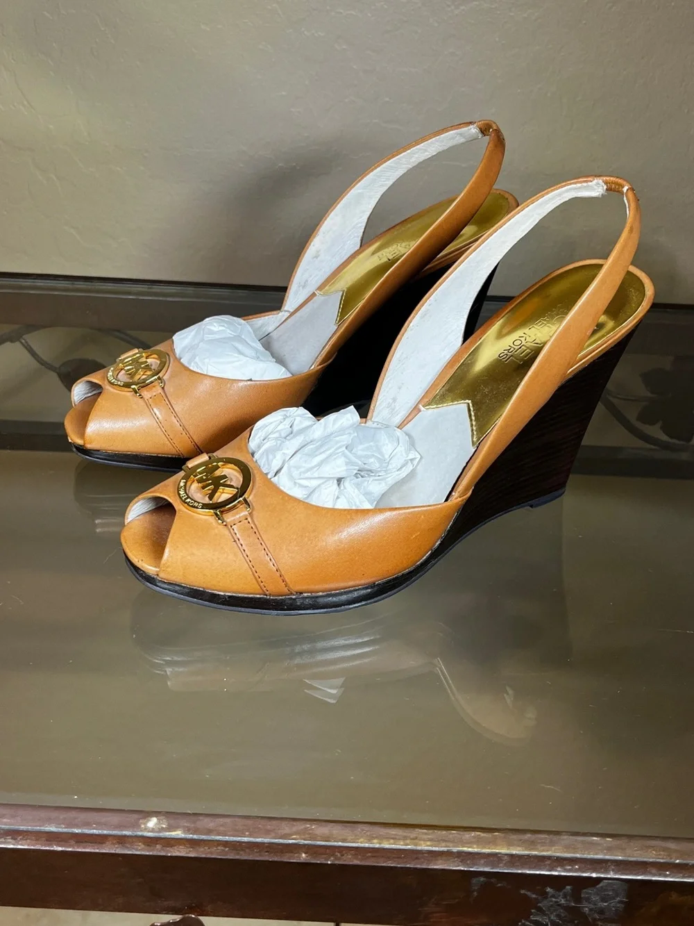 Michael Kors Tan Leather Peep-Toe Slingback Wedges with Gold Logo